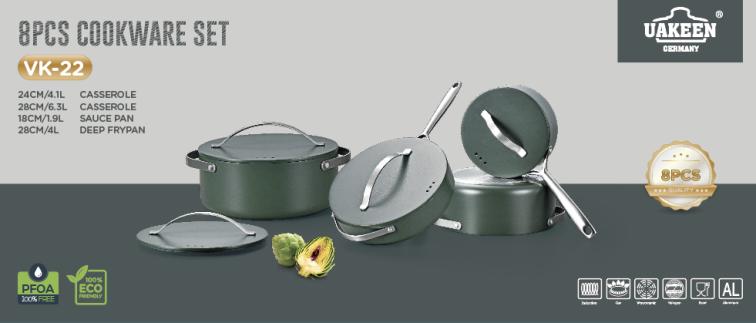 UAKEEN 8-Piece Non-Stick Cookware Set – Green Granite Casserole Pots &amp; Deep Frypan Set (VK-22)